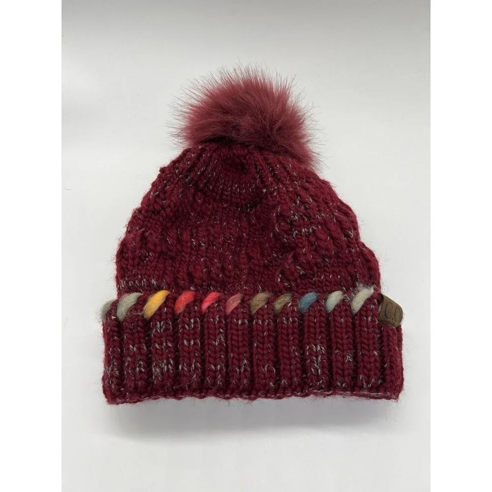 C.C Hat Beanie Womens One Size Red Knit Pom Fleece Lined Multicolor Cuff Winter